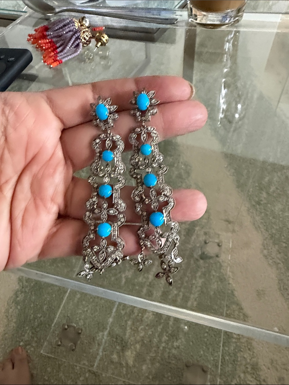 Silver Filigree Drop Earrings with Turquoise Accents - Picture 2 of 7
